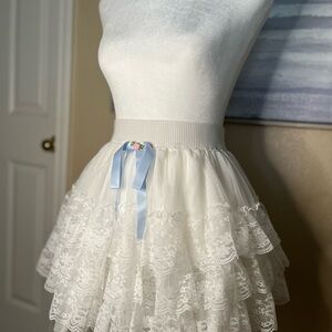 White Lace Tiered Skirt with Blue Ribbon